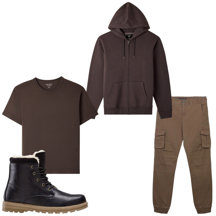 Outfit uomo - Fogliage. Stile Casual per Tutti i giorni. Abbinamento con stivali e stivaletti, pantaloni cargo, t-shirt, felpe con cappuccio.