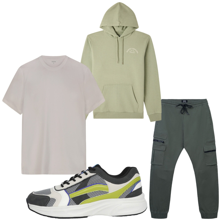 Outfit uomo - La ciclabile. Stile Casual per Tutti i giorni. Abbinamento con pantaloni cargo, felpe con cappuccio, sneakers, t-shirt.