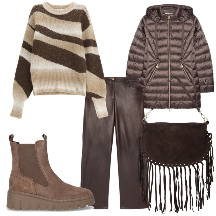 Outfit donna - Pantaloni straight fit. Stile Trendy per Tutti i giorni. Abbinamento con pullovers, borse a tracolla, piumini, pantaloni, stivaletti chelsea.