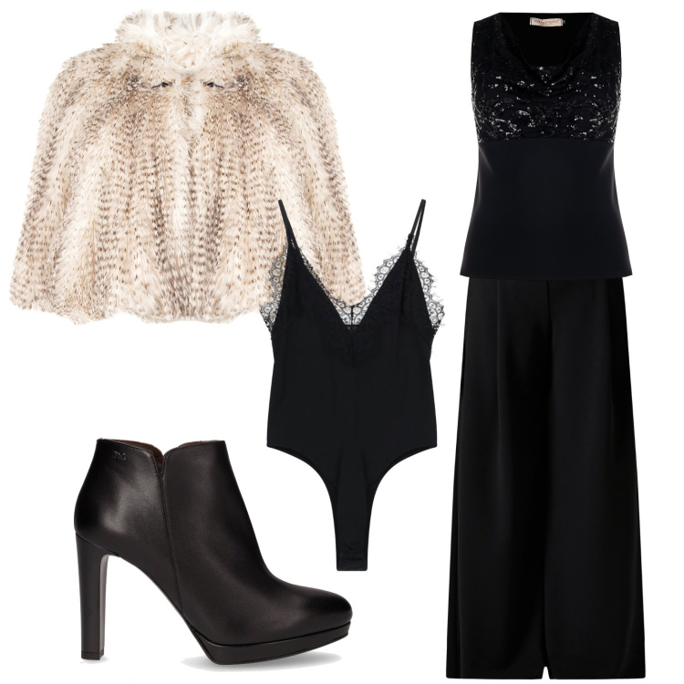 Outfit donna - Body effetto seconda pelle. Stile Chic per Serata fuori. Abbinamento con ecopellicce, top, pantaloni a palazzo, body, stivaletti.