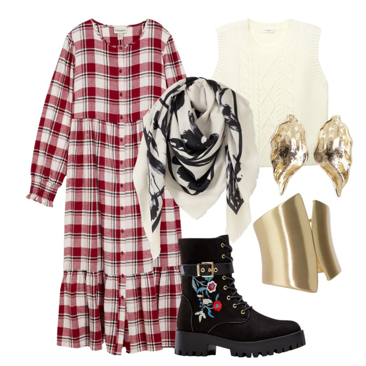 Outfit donna - Come nelle favole. Stile Romantica per Tutti i giorni. Abbinamento con stivali, foulard, vestiti midi/longuette, maglieria, orecchini, anelli.