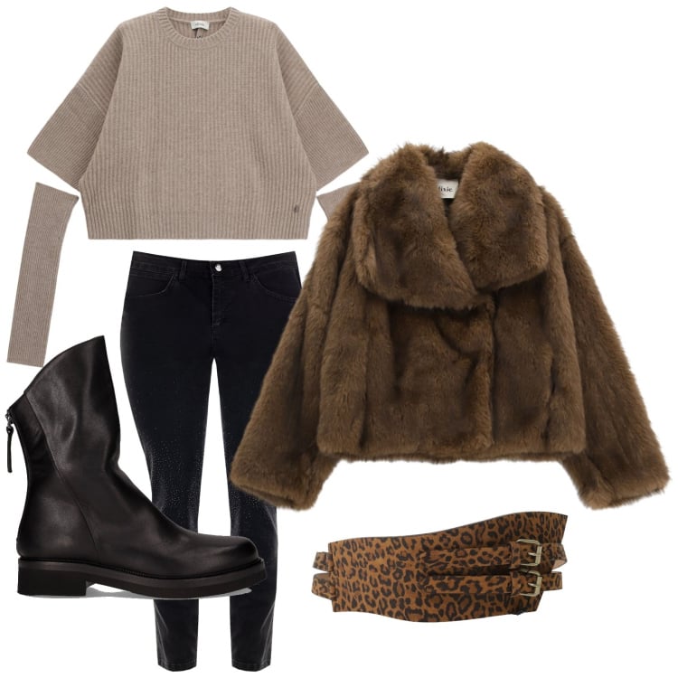 Outfit donna - Effetto pelliccia. Stile Basic per Serata fuori. Abbinamento con blazer, maglieria, cinture, jeans skinny, stivaletti.
