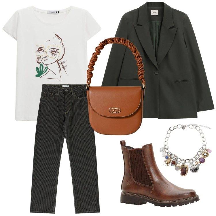 Outfit donna - Dettagli di stile. Stile Glamour per Tutti i giorni. Abbinamento con stivaletti chelsea, pantaloni, t-shirt, borse a mano, braccialetti con ciondoli, blazer.