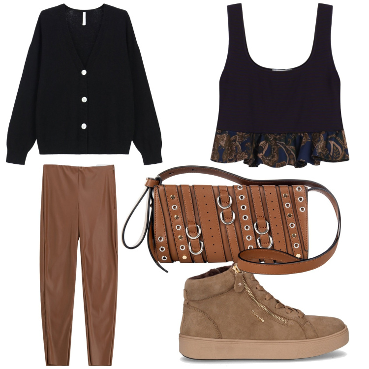 Outfit donna - Crop top e cardigan. Stile Basic per Tutti i giorni. Abbinamento con top, pantaloni skinny, borse a spalla, cardigans, sneakers alte.