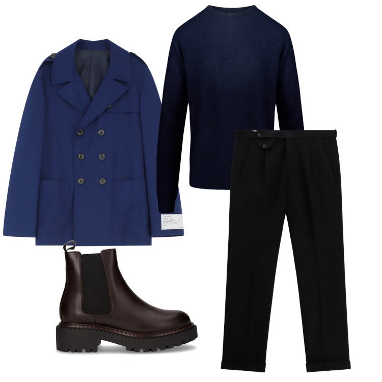 Outfit uomo - Total look #2264908. Stile Business/Elegante per Ufficio. Abbinamento con caban, pantaloni, maglieria, stivali e stivaletti.