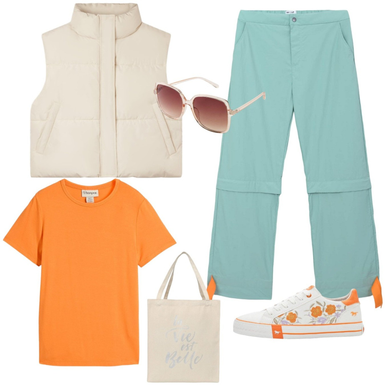Outfit donna - Bantoa tempo libero. Stile Sporty chic per Sport. Abbinamento con sneakers, t-shirt, occhiali da sole, pantaloni cargo, borse tote, piumini.