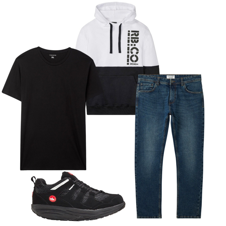 Outfit uomo - Total look #2264911. Stile Casual per Tutti i giorni. Abbinamento con felpe con cappuccio, sneakers, jeans, t-shirt.
