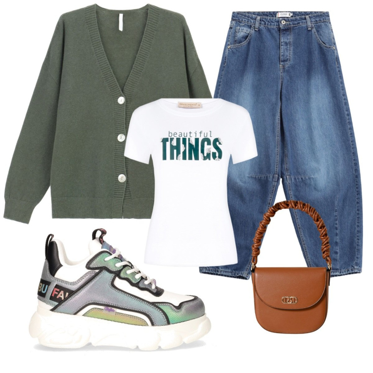 Outfit donna - Total look #2264913. Stile Casual per Tutti i giorni. Abbinamento con jeans, t-shirt, borse a mano, cardigans, sneakers alte.