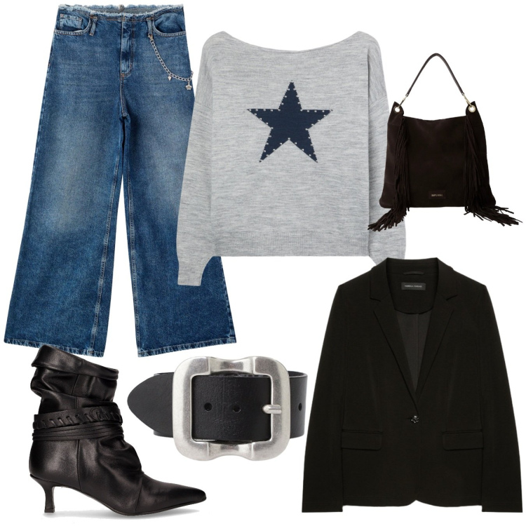 Outfit donna - Urban. Stile Urban per Tutti i giorni. Abbinamento con maglieria, jeans dritti, borse a spalla, cinture, stivaletti, blazer.