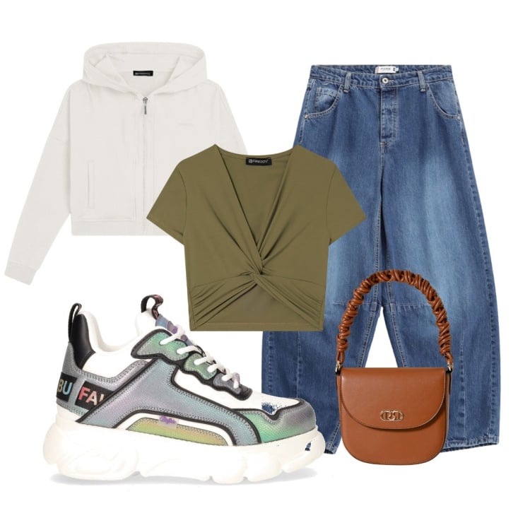 Outfit donna - Autumn sales. Stile Casual per Scuola/Università. Abbinamento con borse a mano, felpe con cappuccio, t-shirt, jeans, sneakers alte.