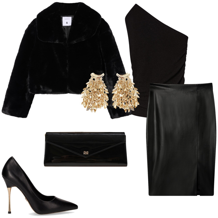 Outfit donna - La nostra serata speciale. Stile Glamour per Serata fuori. Abbinamento con gonne longuette, ecopellicce, top, orecchini, pochette, décolleté.