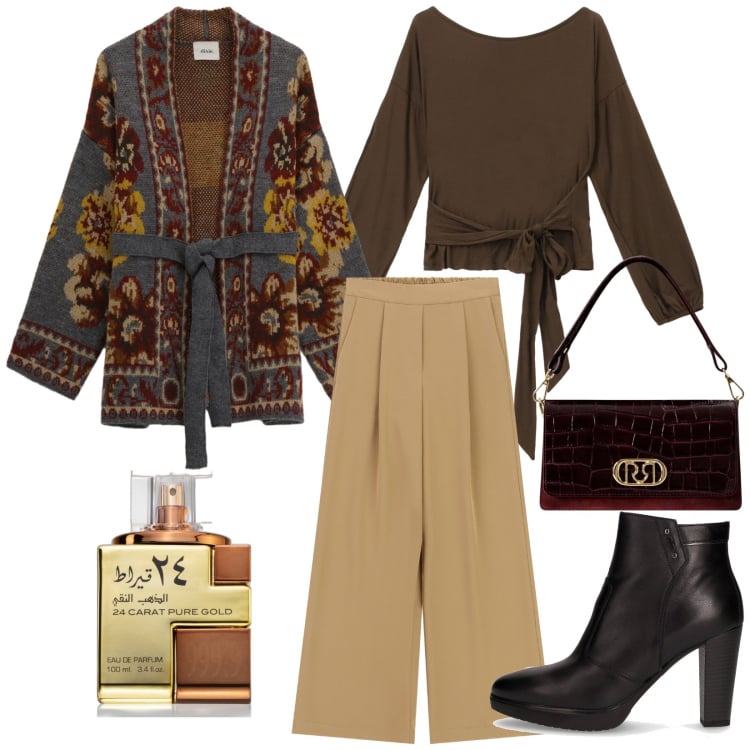 Outfit donna - Total look #2264920. Stile Etnico per Serata fuori. Abbinamento con profumi, borse a mano, cardigans, pantaloni a palazzo, top, stivaletti.