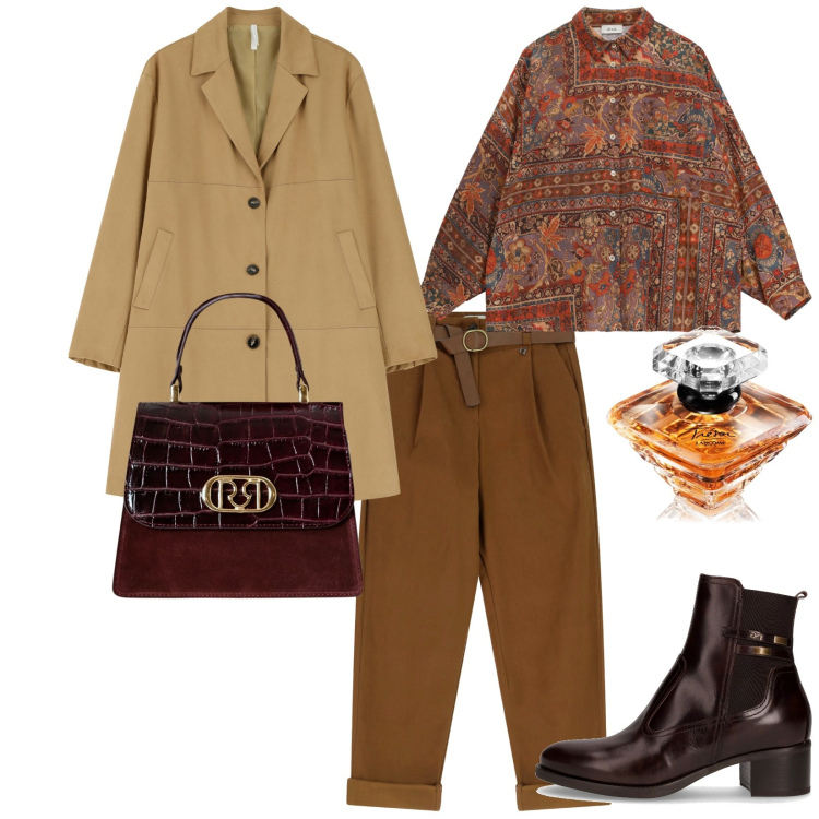 Outfit donna - Total look #2264924. Stile Casual chic per Tutti i giorni. Abbinamento con profumi, borse a mano, cappotti, pantaloni, camicie, stivaletti.