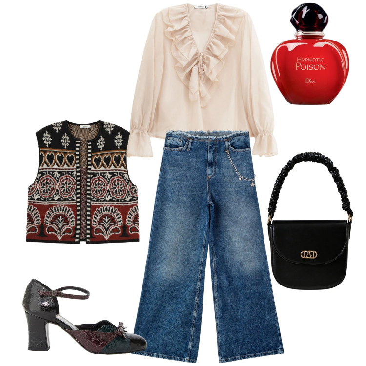 Outfit donna - Total look #2264927. Stile Chic per Tutti i giorni. Abbinamento con profumi, jeans dritti, borse a mano, camicie, décolleté, gilet.