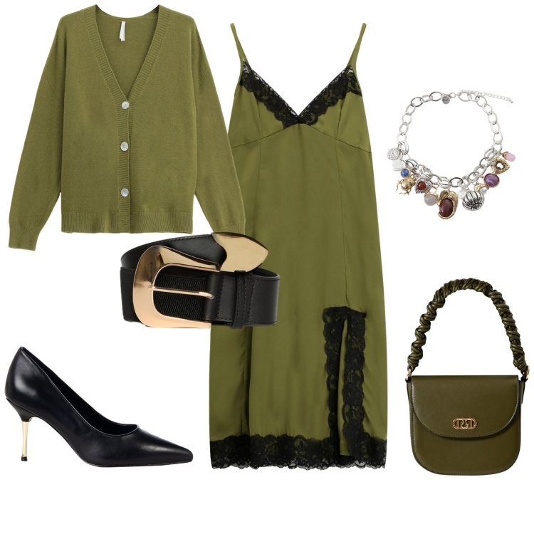 Outfit donna - Total look #2264933. Stile Romantica per Serata fuori. Abbinamento con vestiti midi/longuette, braccialetti con ciondoli, décolleté, borse a mano, cardigans, cinture.