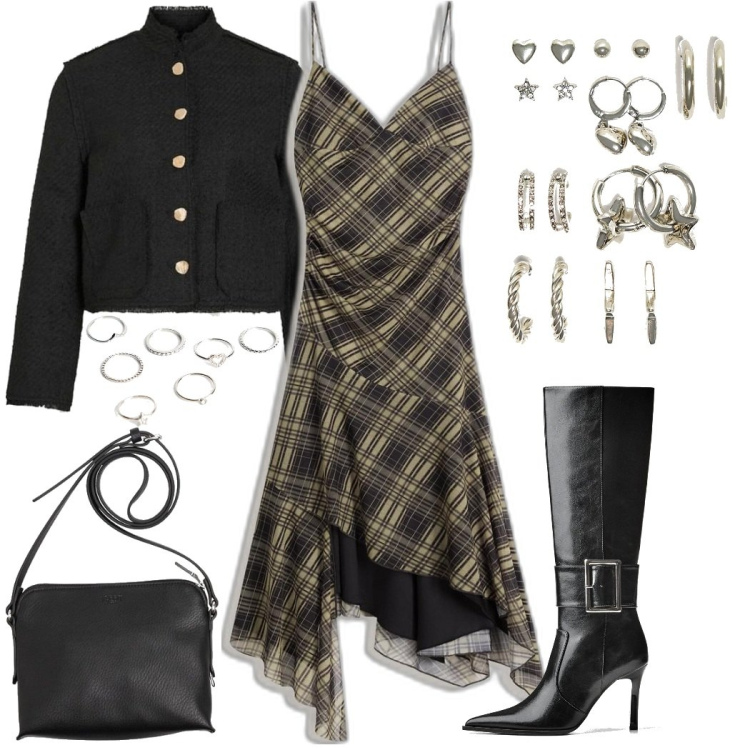 Outfit mujer - Romantic Chic. Estilo Romántica para Noche/Fiesta elegante. Combinación con vestidos midi/longuettes, botas, bolsos saco, pendientes, blazers, anillos.