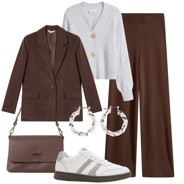 Outfit donna - Velluto e maglia. Stile Urban per Tutti i giorni. Abbinamento con pantaloni, sneakers, cardigans, orecchini, blazer, borse a tracolla.