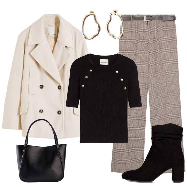 Outfit donna - Back to office. Stile Casual chic per Ufficio. Abbinamento con maglieria, caban, shopping bag, pantaloni, orecchini, stivaletti.