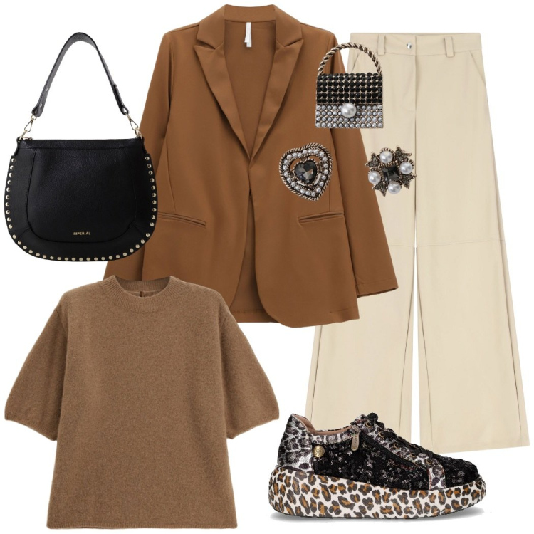 Outfit donna - Le sneakers originali. Stile Casual chic per Tutti i giorni. Abbinamento con pantaloni a palazzo, maglieria, blazer, borse a spalla, accessori per capelli, sneakers.