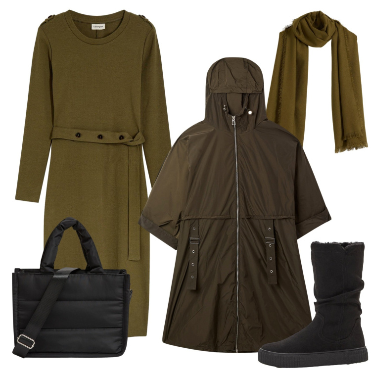 Outfit donna - urban style. Stile Urban per Tutti i giorni. Abbinamento con sciarpe, vestiti midi/longuette, stivali, trench, shopping bag.