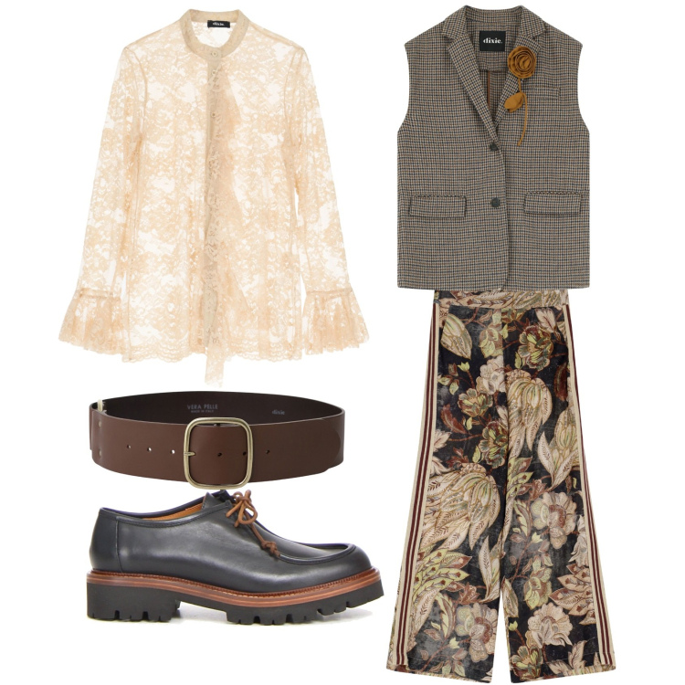 Outfit donna - Fiori d\'autunno. Stile Boho per Serata fuori. Abbinamento con gilet, cinture, pantaloni, camicie, mocassini.