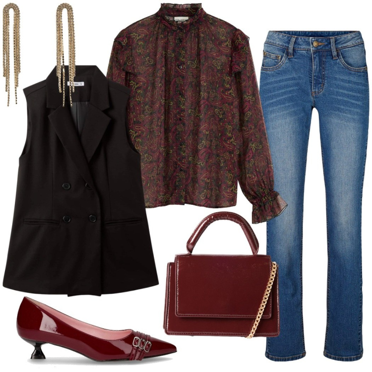 Outfit donna - Il gilet lungo. Stile Casual chic per Tutti i giorni. Abbinamento con jeans dritti, camicie, orecchini, gilet, borse a tracolla, décolleté.