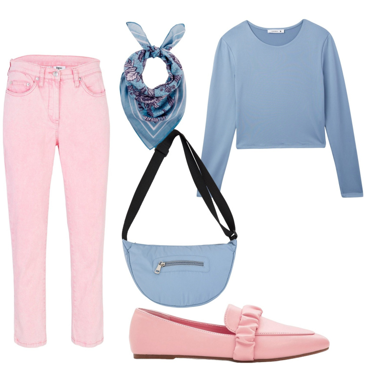 Outfit donna - Colori pastello per l\'autunno. Stile Casual per Tutti i giorni. Abbinamento con foulard, pantaloni, mocassini, borse a tracolla, t-shirt.