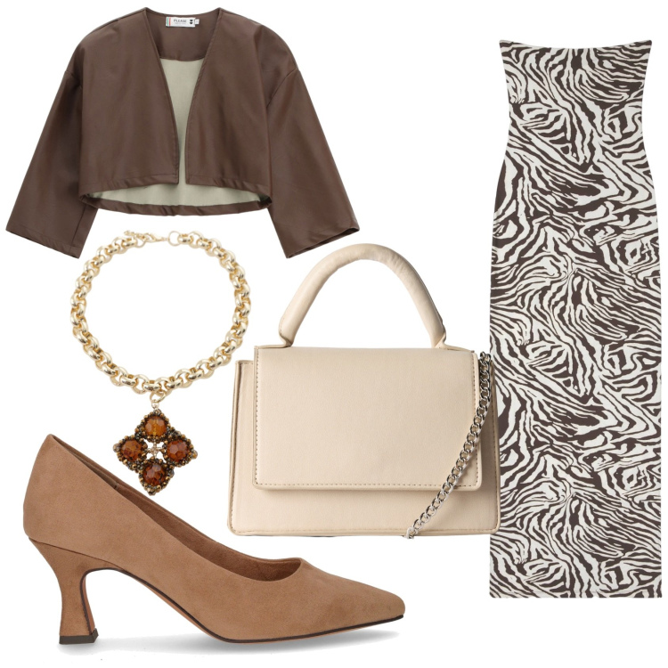 Outfit donna - Sexy in abito zebrato. Stile Glamour per Serata fuori. Abbinamento con vestiti lunghi, borse a tracolla, giacche, collane, décolleté.