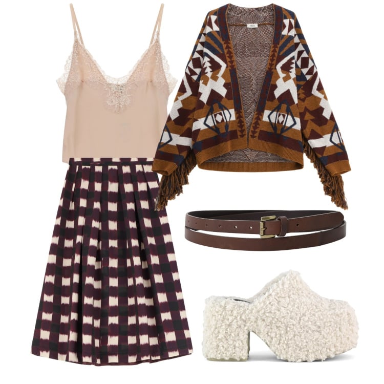 Outfit donna - Coccole autunnali. Stile Etnico per Tutti i giorni. Abbinamento con gonne longuette, cardigans, body, cinture, sabot.