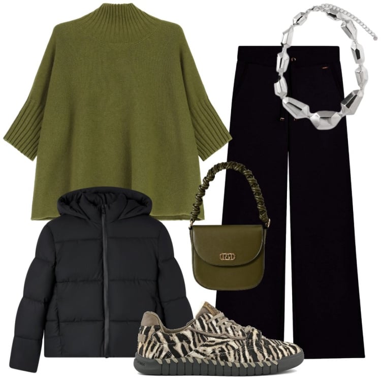 Outfit donna - Sneakers mania. Stile Casual chic per Tutti i giorni. Abbinamento con bomber, borse a mano, maglieria, pantaloni, ciondoli, sneakers.