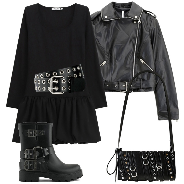Outfit donna - Rock Total black. Stile Rock per Serata fuori. Abbinamento con cinture, borse a spalla, vestiti corti, giacche, stivali.