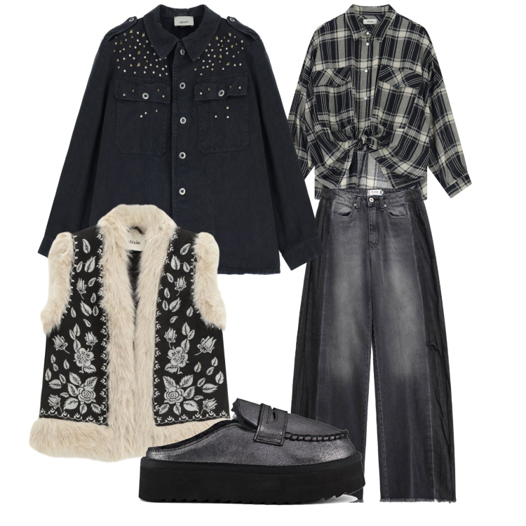 Outfit donna - Aspettando la nebbia. Stile Casual per Tutti i giorni. Abbinamento con jeans, gilet, cappotti, camicie, mocassini.