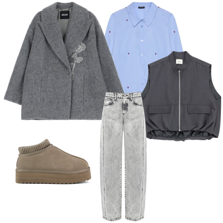 Outfit donna - Il cielo a cuoricini. Stile Casual per Tutti i giorni. Abbinamento con jeans, blazer, cappotti, sabot, camicie.