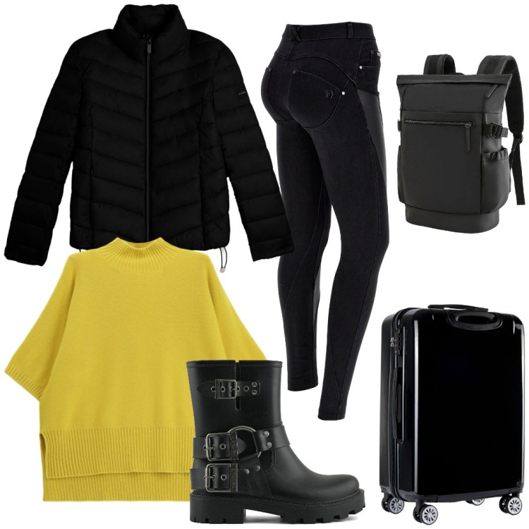 Outfit donna - In viaggio. Stile Casual chic per Tutti i giorni. Abbinamento con zaini, jeans skinny, valigie, piumini, maglieria, stivali.