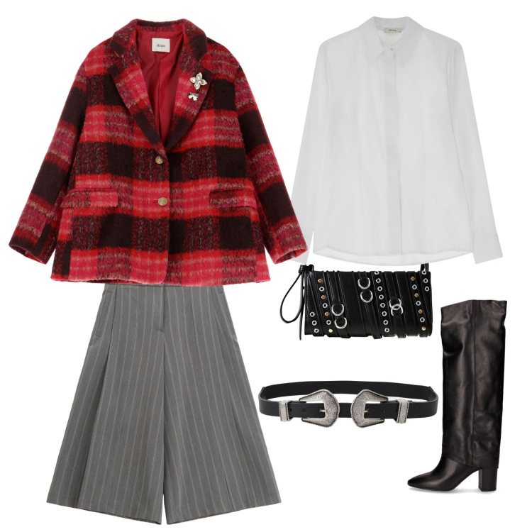 Outfit donna - È quasi Natale!. Stile Casual per Tutti i giorni. Abbinamento con borse a spalla, pantaloni, blazer, camicie, cinture, stivali.