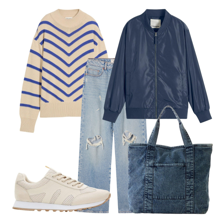 Outfit donna - Il pull a righe. Stile Trendy per Tutti i giorni. Abbinamento con sneakers, shopping bag, bomber, maglieria, jeans strappati.