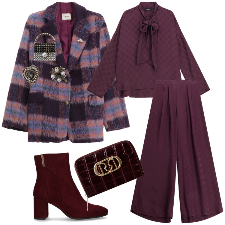 Outfit donna - Total look #2264960. Stile Bon Ton per Tutti i giorni. Abbinamento con bluse, pantaloni a palazzo, blazer, portafogli, accessori per capelli, stivaletti.