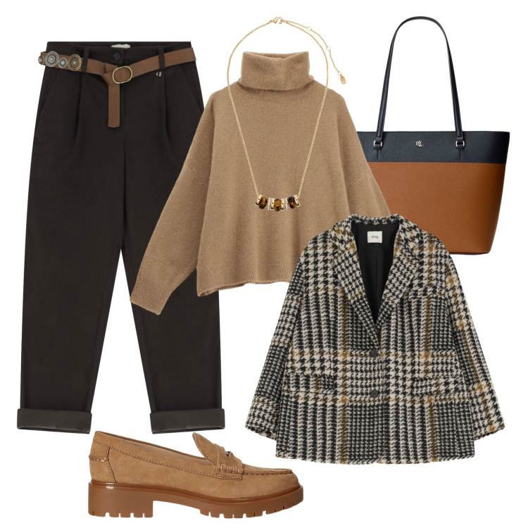 Outfit donna - La giacca pied-de-poule. Stile Urban per Tutti i giorni. Abbinamento con blazer, pantaloni, maglieria, collane, mocassini, borse tote.
