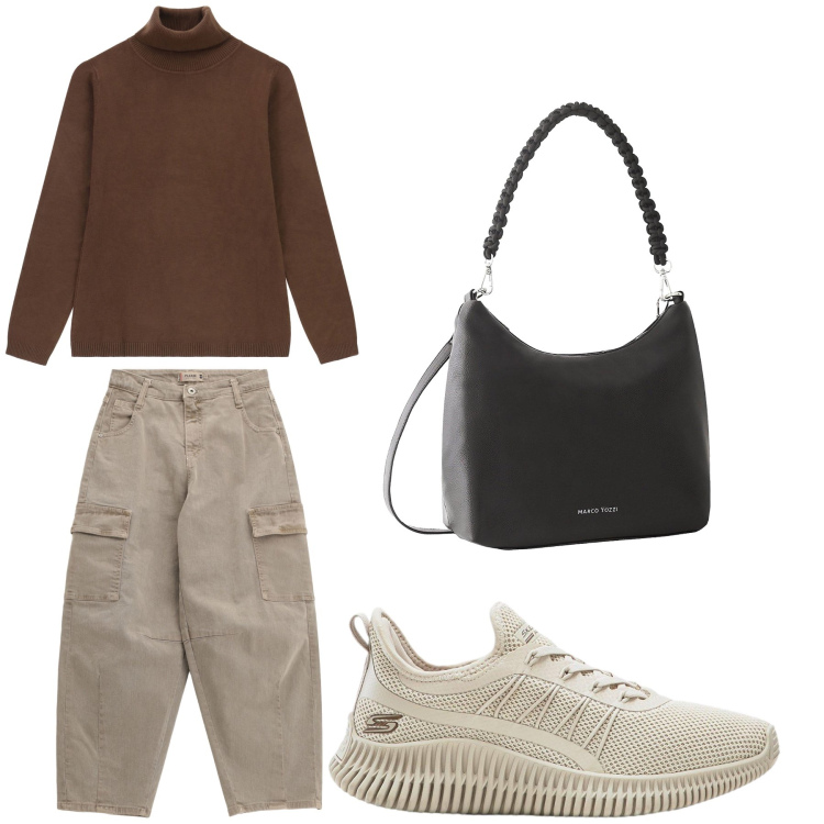 Outfit donna - Aperitivo. Stile Trendy per Tutti i giorni. Abbinamento con sneakers, borse a mano, pantaloni chino, maglieria.