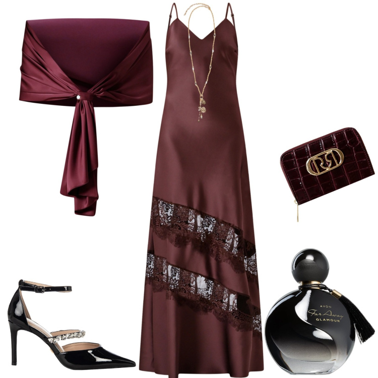 Outfit donna - Eventi importanti. Stile Glamour per Cerimonia. Abbinamento con profumi, vestiti lunghi, portafogli, scialli, décolleté, ciondoli.