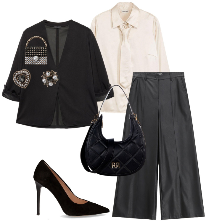 Outfit donna - Total look #2264966. Stile Chic per Serata fuori. Abbinamento con camicie, pantaloni, borse a tracolla, accessori per capelli, blazer, décolleté.
