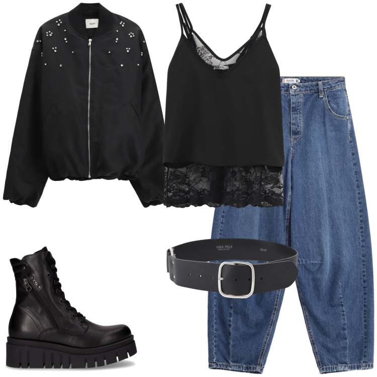 Outfit donna - Rock and roll. Stile Rock per Tutti i giorni. Abbinamento con jeans, cinture, bomber, top, anfibi.