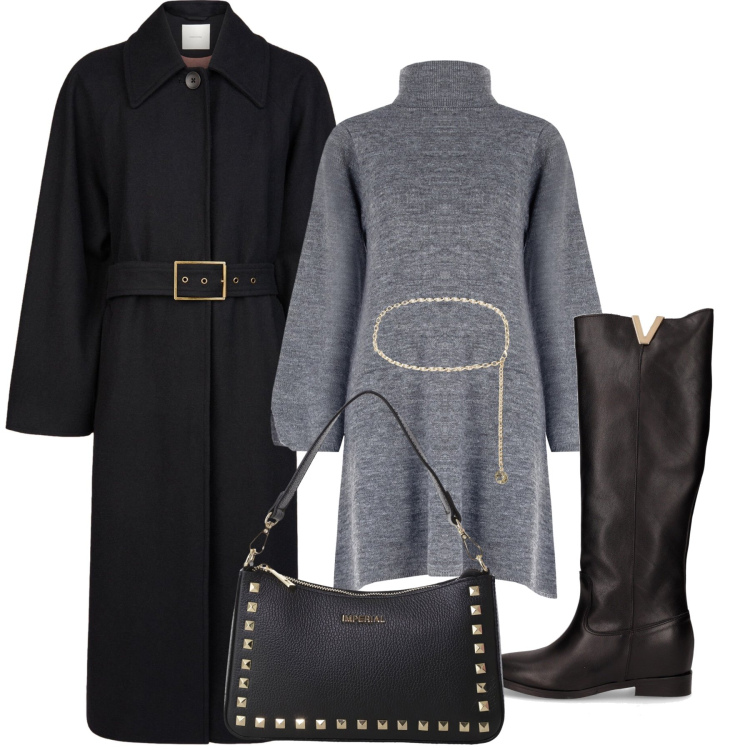 Outfit donna - Giornata di shopping. Stile Minimal per Tutti i giorni. Abbinamento con cinture, vestiti corti, pochette, cappotti, stivali.