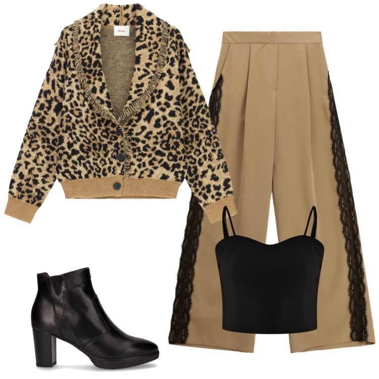 Outfit donna - Total look #2264973. Stile Trendy per Serata fuori. Abbinamento con top, pantaloni a palazzo, cardigans, stivaletti.