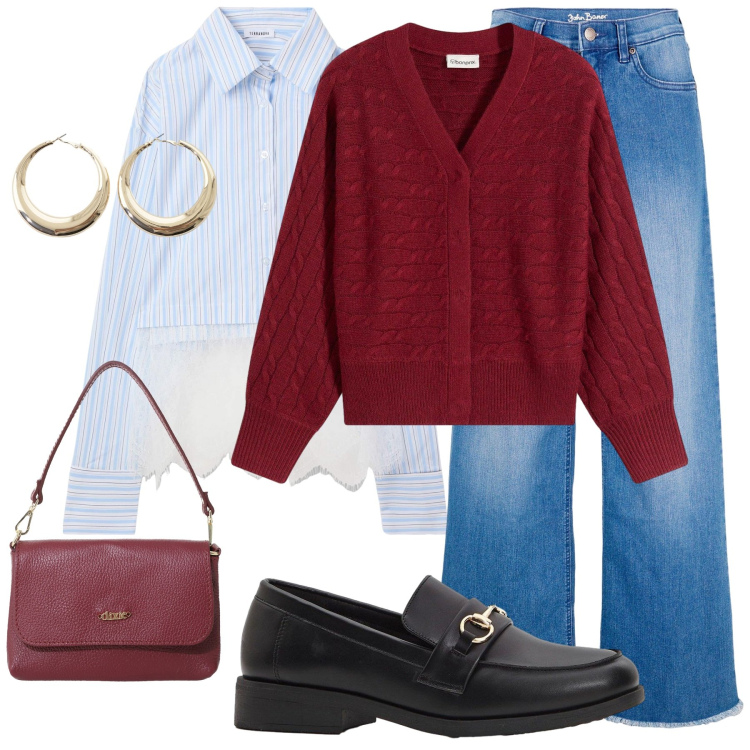 Outfit donna - Aria aperta. Stile Casual per Tutti i giorni. Abbinamento con cardigans, jeans, mocassini, camicie, borse a tracolla, orecchini.