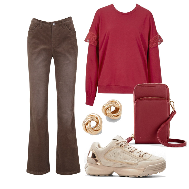 Outfit femme - Octobre. Style Casual chic pour Tous les jours. Assortir avec sneakers, sweat-shirts, pantalon , pochette, boucles d'oreilles.