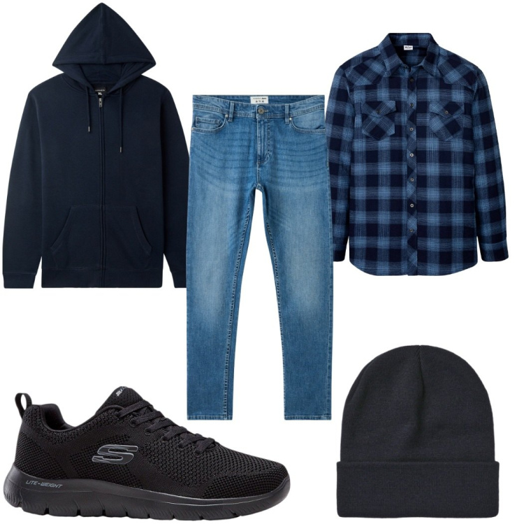 Outfit uomo - Total look #2264979. Stile Casual per Tutti i giorni. Abbinamento con sneakers, camicie, jeans skinny, berretti, felpe con cappuccio.