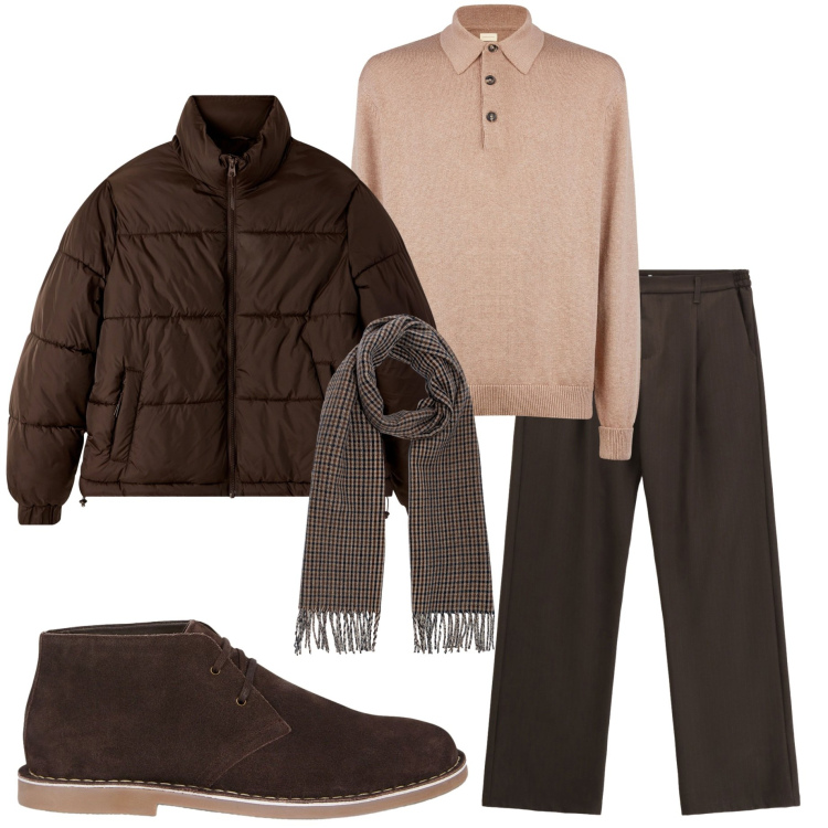 Outfit uomo - Un tocco di cammello. Stile Urban per Tutti i giorni. Abbinamento con bomber, pantaloni, stivali e stivaletti, polo, sciarpe.