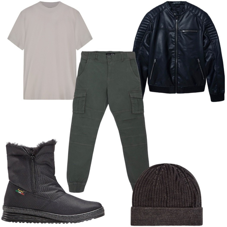 Outfit uomo - Total look #2264983. Stile Trendy per Tutti i giorni. Abbinamento con stivali e stivaletti, berretti, pantaloni cargo, giacche, t-shirt.