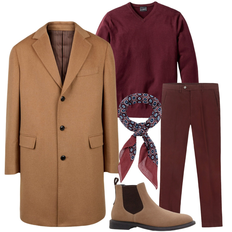 Outfit uomo - Un tocco di cammello. Stile Business/Elegante per Ufficio. Abbinamento con maglieria, stivali e stivaletti, sciarpe e foulard, cappotti, pantaloni chino.